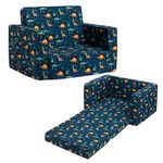 BEJOY Kids Sofa Bed 2-in-1 Flip Out Cuddly Toddler Couch Convertible Sofa to Lounger Children Sofa Bed Children's Day and Birthday Gift for Girls Boys, Navy Blue with Cool Dinos