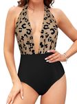 SHEKINI Women's Retro Deep V-Neck Bathing Suit Backless High Waisted One Piece Swimsuit (Black/Leopard, XX-Large)