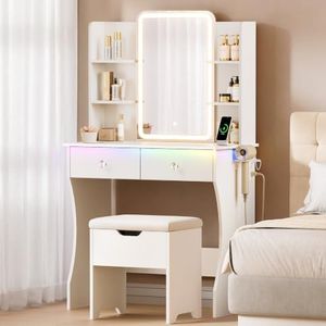ARONELE Makeup Vanity Desk with LED Mirror and Lights, Storage-Stool, White