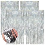 4Pcs 3.28ft x 6.56ft Fringe Curtain Backdrop,Party Streamers Backdrop,Foil Streamer Backdrop,Fringe Backdrop,Party Streamers for Photo Booth Wedding Birthday Bridal Party Decorations (Silver)