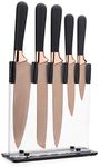 5pc Kitchen Knife Set & Block - Taylors Eye Witness. Rose Gold Coloured Bolsters, Finely Ground Razor Sharp Titanium Coated Matching Blades. Soft Grip Rounded Handles. Modern Upright Holder