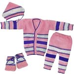 little PANDA Baby Sweater for Baby Boys & Baby Girls Woollen Full Sleeves, V Neck Sweater Top, Bottom, Cap & Booties Set Pink