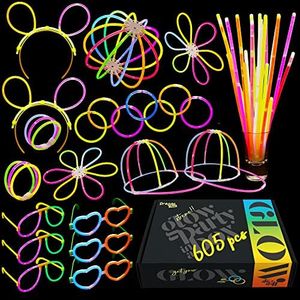 Dragon Too Glow Stick Party Set - 605 Pieces - Includes Connectors to Create Necklaces Bracelets Glasses Heart Glasses Hats Headbands Balls and Flowers - Glow in The Dark Party Favors -