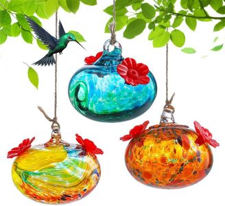 Set 3 Small Blown Glass Hummingbird Feeders for Outdoors Hanging with 2 Flower Feeding Ports Glass Humming Bird Feeders Garden Decor for Outside