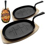 andrew james 2 Pack Pre-Seasoned Cast Iron Skillet with Wooden Base, Frying Pan – Ideal for Cooking, Searing, Sautéing, and Serving – Versatile Cookware for Stovetop, Oven & Grill Use