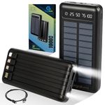 GIGALUMI 10000mAh Solar Power Bank Built-in COB Flashlight Portable Charging Device with LED Indicators 2 USB Output Ports & USB-A to Micro-USB Cable for Smartphones Tablets (Pack of 1, Black)