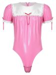 iiniim Mens Sissy Ruffle Lace Patent Leather Maid Cosplay Costume Leotard Bodysuit Hot Pink A XL