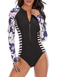 Century Star Women long sleeve one piece swimsuit Athletic Rash Guard Zipper Floral Printed Surfing Swimsuit Bathing Suit Black Floral 8-10