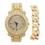Bling-ed Out Round Luxury Mens Watch w/Bling-ed Out Cuban Bracelet - L0504B - Cuban Gold/Gold