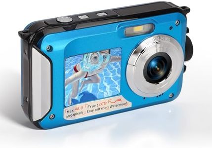 ElgnAura Waterproof Digital Camera, Full HD 2.7K 48MP Underwater Digital Camera, 10ft Waterproof, 16X Zoom, Digital Camera with Selfie Screen Dual Front/Rear Screens (Blue)