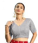 Pujia Mills Women's Indian Ethnic Wear Designer Silver Sequence with Matching Embroidered Work V Neck Half Sleeve Readymade Padded Saree Blouse Readymade Unique Silver Color Saree Blouse