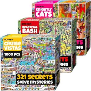 QUOKKA 1000 Piece Jigsaw Puzzle for Adults – Set of 3 Puzzles for Adults 1000 Pieces Premium Box Packaging - Knightly Cats, Animal Bash, Cruise Vistas - Fun Challenges - Stunning Scenic Animal