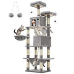 FEANDREA Cat Tree, 206 cm Large Cat Tower with 13 Scratching Posts, 1 Scratching Ramp, 2 Perches, 2 Caves, Basket, Hammock, Pompoms, Multi-Level Plush Cat Condo for Indoor Cats, Light Grey