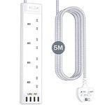 LENCENT 5M Extension Lead with USB Slots, 4 Way Outlets Power Strip with 4 USB Ports, Multi Power Plug Extension with 5M Braided Extension Cord for Home Office, 3250W 13A