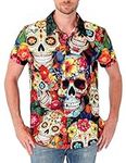 LINOCOUTON Mens Day of The Dead Dia De Los Muertos Shirt Mexican Sugar Skull Button Up Costume, Flower Skull, Medium