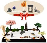 14" x 10" Large Japanese Zen Garden for Desk - Zen Garden Kit with 25+ Accessories - Sand Garden Decoration Included Sand Tray,Zen Garden Rake, Trees,Incense Burner,Door,Well,Bridge Zen Gifts Women