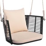 Tangkula Outdoor Metal Porch Swing, Single Person Hanging Seat w/Woven Rattan Backrest, 2 Sturdy Hanging Ropes, Seat & Back Cushions Included, Heavy-Duty Swing Chair for Front Porch, Backyard