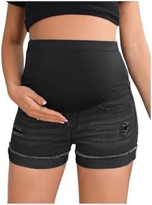 BEAUDRM Women's Maternity Adjustable High Waist Ripped Roll Up Hem Denim Mini Shorts with Pocket Solid Black Large