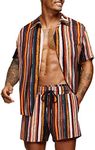 COOFANDY Men's Vintage Striped Shirt Vertical Button Down Hawaiian Shirt Suits Summer Beach 2 Piece Short Set