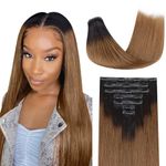 Lashey Yaki Straight Clip in Hair Extensions Ombre Natural Black to Medium Auburn Seamless Clip in Hair Extensions Human Hair 110g 7pcs 14 Inch Remy Human Hair Extensions for Women