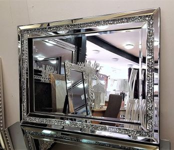 blingworld 32"x24" Decorative Crystal Mirrors for Wall Decor Living Room Silver Luxury Modern Mirrored Home Decoration, Big Large Long Mirror Silver