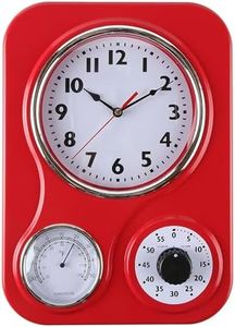 Lily's Home Retro Kitchen Wall Clock, with a Thermometer and 60-Minute Timer, Red (9.5 in x 13.3 in)