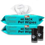 2 X 60 Pack All Purpose Pet Wipes for daily Cleaning of your Dogs and Cats & 2 X Rolls of BOLYDOOM Eco Friendly Poo Bags