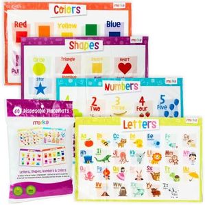 merka Disposable Placemats for Baby and Toddlers 12" x 18", 60 Pack Stick-on Table Mats for Restaurants, Includes Shapes, Numbers, Letter & Colors