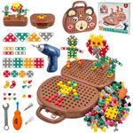 PICKONA 204 PCS 3D Take Apart Toys - Montessori Play Toolbox Montessori Toys for Kids Tool Box Bear with Drill Mosaic Design Construction Building Blocks DIY Set with Storage Box (Brown Bear)