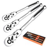 PRIDE&CRAFT 3pc Flex Head Ratchet Wrench Set, 1/4", 3/8", 1/2" Drive, 72-Tooth, Socket Wrench Quick Release Reversible Design, Chrome Alloy Made, EVA Organizer