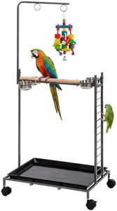 PawHut Bird Stand, Parrot Stand with Wheels, Wooden Perch, Stainless Steel Bowls, Ladder and Slide-out Tray, for Indoor Outdoor Use, for Budgies, Parakeets, Dark Gray