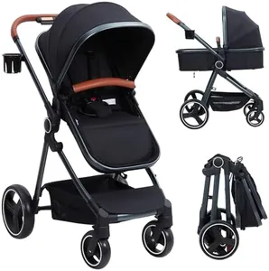 Convertible Baby Stroller, Foldable Pushchair, Newborn Reversible Bassinet Pram with Adjustable Canopy, Aluminum Structure, 5-Point Harness for Infant & Toddler (Black)