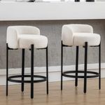 Ya-Home Modern Bar stools Set of 2, 26 Inch Sherpa Fabric Counter Height Barstools with Low Back, Upholstered Round Shape Kitchen Island Stools with Black Metal Legs for Dining Room Bar, White