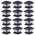 AEFRELEOHT Solar Post Cap Lights, Warm White & RGB Automatic Cycling & Fixed RGB Color, 9 Colors to Choose, 20 Lumens lP65 Waterproof Fit 3.5x3.5 4x4 4.5x4.5 5x5 Wood Post Lights Black (12 Pack)