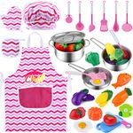 Kids Kitchen Pretend Play Toys, Kitchen Playset Cooking Toys Set with Stainless Steel Cooking Utensils, Cookware Pots and Pans Set, Cutting Vegetables, Knife and Apron for Kids Toddlers Girls Boys