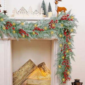Dolicer 6FT Christmas Pine Garland, Artificial Snowy Cedar Garland with Red Berries, Lush Winter Greenery Garland with Lights for Mantel Home Fireplace Holiday Weeding Christmas Decorations