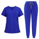 Scrubs Uniforms Women Set, Female Medical Uniforms & Scrubs Durable Short Sleeve V Neck Tunic Top and Pants with Pockets, Nursing Workwear Suits for Beauty Center(A26 Royal Blue,L)