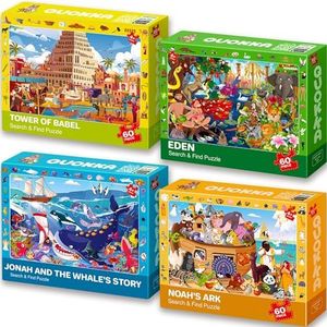 QUOKKA 60 Piece Puzzles for Kids Ages 4-6 - Set of 4 Bible Jigsaw Puzzles for Kids 6-8-10 Year Old - Tower of Babel | Noah`s Ark | Eden Toys for Children 5-7 yo - Christian Gifts for Boys & Girls