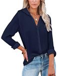 Diosun Womens Button Down V Neck Shirts Long Sleeve Office Casual Business Plain Blouses Tops X-Large Dark Blue