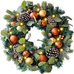 WANNA-CUL Pre-Lit 20 Inch Lighted Christmas Wreath for Front Door Decoration with Copper Gold Christmas Ball Ornaments,Battery Operated 30 LED Lights