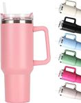 HAUNDRY 40 oz Insulated Travel Mug Tumbler with Handle, Double Wall Vacuum Sealed Stainless Steel Cup with Straw and Lid, Water Bottle for Cold and Hot Water (Pink)