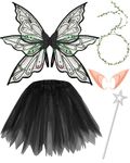 Hicarer Women Butterfly Fairy Wing Costume Set Wing Elf Ear Flower Crown Star Wand Tutu Skirt for Halloween Carnival Cosplay(Black Wing)