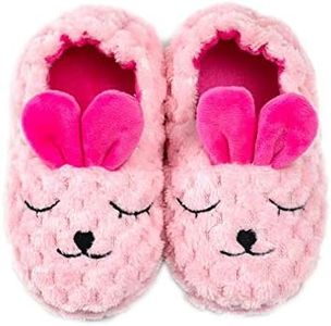 Csfry Baby Girl's Premium Soft Plush Slippers Cartoon Warm Winter House Shoes, Rose Bunny, 5-6 Toddler