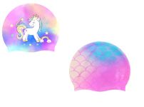 El Regalo 2 PCs Kids Swimming Caps Set- Silicone Swimming Hat for Girls Boys Waterproof Bathing Caps for Long & Short Hair with Unicorn, Astronaut, Heart, Fairy Mermaid (Unicorn & Mermaid)