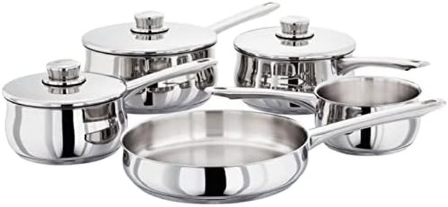 Stellar 1000 Set of 5 Stainless Steel Pans, 20cm, 18cm, 16cm Deep Saucepans, Lids, 24cm Frying Pan, Milk Pan, Induction Ready - Fully Guaranteed