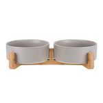 Grey Ceramic Cat Dog Bowl Dish with Wood Stand No Spill Pet Food Water Feeder Cats Small Dogs Set of 2