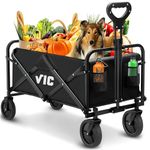 VIC Collapsible Folding Wagon, Beach Wagon Cart Heavy Duty 400LBs Foldable, Utility Grocery Wagon with Side Pocket for Camping Garden Sports, L4. (Black)