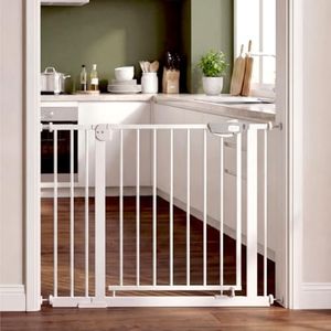 Playpals Baby Gate for Babies, Elders and Pets, 85-94 CM Auto Close Baby Safety Gate for Doorways Stairs, Pressure Mounted Walk Through Safety Stair Gates, No Drill, 76 CM Tall, White