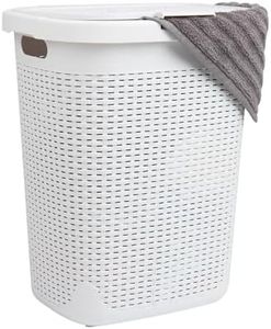 Mind Reader 50L Slim Laundry Hamper, Clothes Basket, Lid, Wicker Design, Plastic, 17.65" L x 13.75" W x 21" H, White