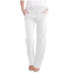 Womens Linen Trousers with Elasticated Waist for Summer Ladies Trousers Lightweight with Drawstring Pockets Casual Beach Pants